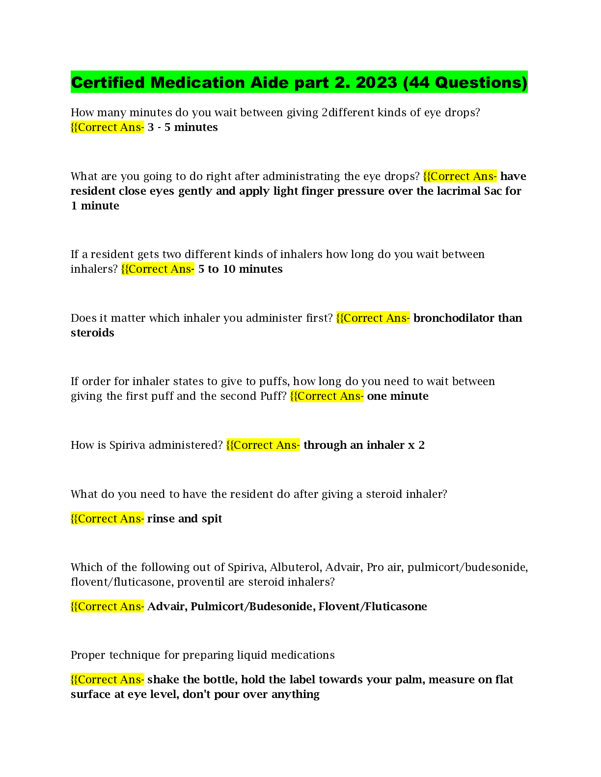Preview image for Certified Medication Aide part 2. 2023 (44 Questions)